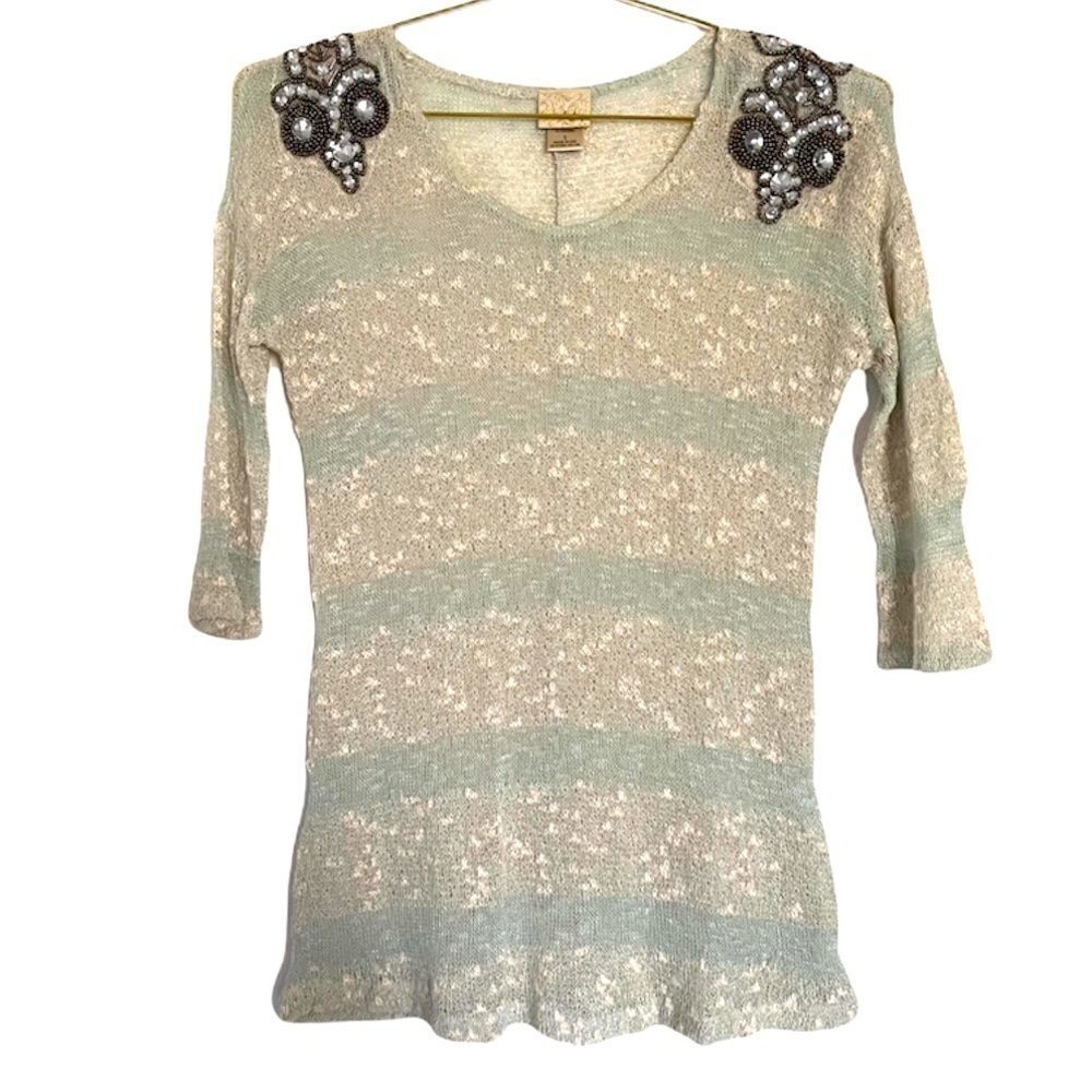 Daytrip Sheer Knit Sweater with Embellished Shoulders